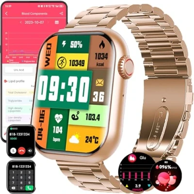Imagen de Fohatu 𝐆𝐥𝐮𝐜𝐨𝐬𝐚𝐞𝐧𝐬𝐚𝐧𝐠𝐫𝐞 Reloj Inteligente Llamada Bluetooth Fitness Spo2 Frecuencia Cardiaca Ácido Úrico Lípidos En Sangre Monitor,130+ Deporte, Smartwatch para Android iOS,Gold1