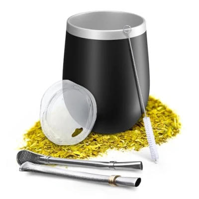 Imagen de Aquafloow Taza de Doble Pared Yerba Mate 350 ml + 2 Pajitas Acero Maté Bombilla, Set Argentino Tapa Libre BPA, Juego Té Inoxidable para Negro