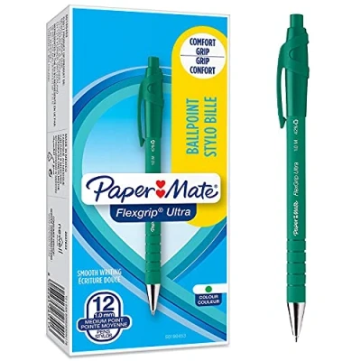 Imagen de Paper Mate Flexgrip Ultra Bolígrafo, punta redonda y retráctil, mediana de 1.0 mm, caja 12, color verde