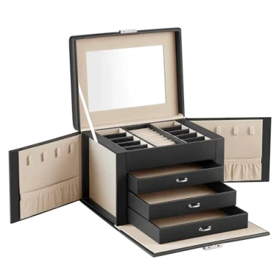 Imagen de SONGMICS Caja Joyero de 4 Niveles, para Joyas con Asa, 3 Cajones, Espejo, Cerradura, Viajar, Regalo, Superficie Negro Tinta y Forro Beige Arena JBC159B01