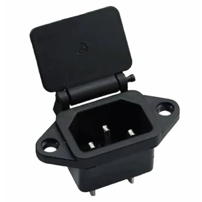 Imagen de enchufe empotrable para aparatos fríos, C 14 con tapa, 10 A/250 V, 2 agujeros, fijación de marco, soldadura o conexión 4,8 mm