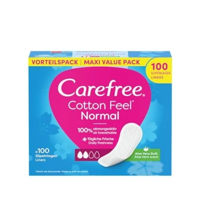 Imagen de Carefree Compresa de algodón con aroma a aloe vera, 100% transpirables para una sensación frescura duradera, tamaño normal, 100 unidades