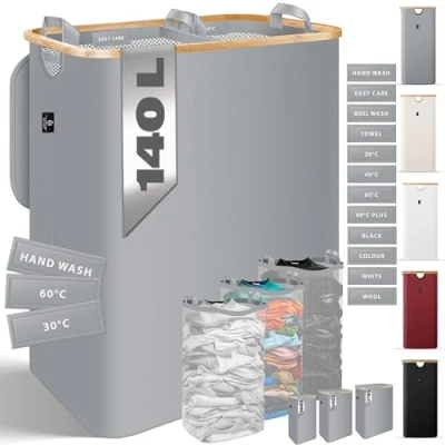 Imagen de KESSER® cesto de ropa con tapa plegable, caja ropa, lavandería Recogedor bolsas extraíbles Clasificador instrucciones lavado