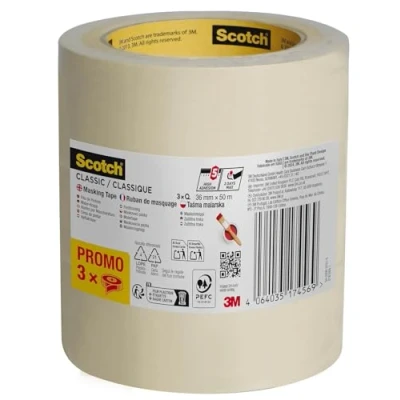 Imagen de ScotchBlue Cinta de Enmascarar Clásica, Pack 3 Rollos (36 mm x 50 m) Beige Para Pintar y Decorar Interiores, 70% PEFC