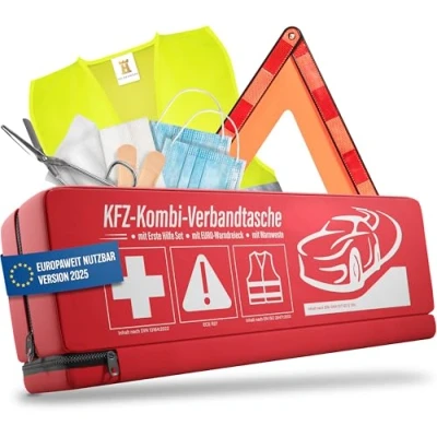 Imagen de HELDENWERK Bolsa combinada para coche (3 en 1) según la norma actual 2024 Incluye triángulo de advertencia, chaleco reflectante, kit primeros auxilios,