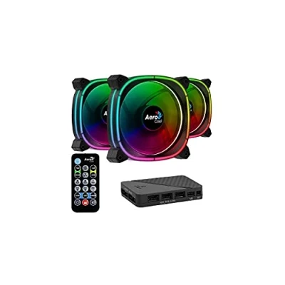 Imagen de Aerocool Astro 12 Pro Bundle 3x ARGB Fans 120mm, 1x H66F RGB Hub, Omni Lighting and 18 LEDs, Includes 6 Pin Connector, Remote control, Curved Blades Anti Vibration Pads, Carbon Fibre, Black