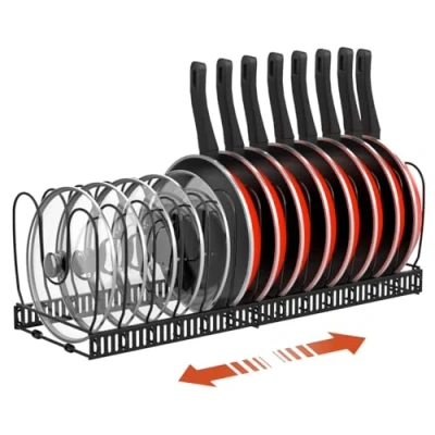 Imagen de Housolution Organizador de Ollas y Sartenes, Extensible Tapas con 14 Compartimentos Ajustable, Soporte Sartenes para Cocina, Negro