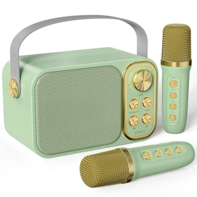 Imagen de BESCOST Karaoke Profesional con 2 Micrófonos Inalámbricos, Bluetooth Altavoz para Niños, Portátil Máquina de Ideal Boda, Fiesta, Cumpleaños（Verde）