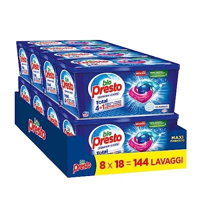 Imagen de Bio Presto Power Caps Classico, detergente para lavadora predosificado en cápsulas, paquete de 144 lavados