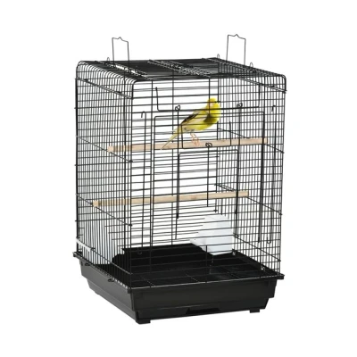 Imagen de PawHut Jaula para Pájaros Metálica de Aves 40x40x59 cm con Techo Abatible 2 Perchas Comederos y Bandeja Extraíble Canarios Periquitos Negro