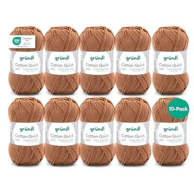 Imagen de Gründl Cotton Quick Uni, 10 ovillos (Hilo de Color 100%, Certificado Oeko Tex, 50 g / 125 m, tamaño Aguja: 3 4, x g), Caramell, Algodón, One Size, 1250