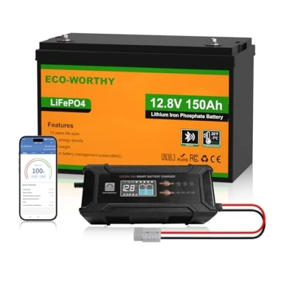 Imagen de ECO WORTHY LiFePO4 Bluetooth 12 V 150 Ah con cargador de 12/24 20 A, batería litio protección BMS baja temperatura 120 A y máx. 15000 ciclos para caravanas, caravanas