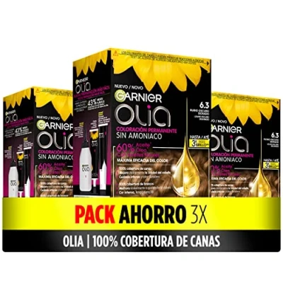 Imagen de Garnier Olia Pack de 3 coloración permanente sin amoniaco para un olor agradable con aceites florales origen natural, color tono 6.3 rubio oscuro