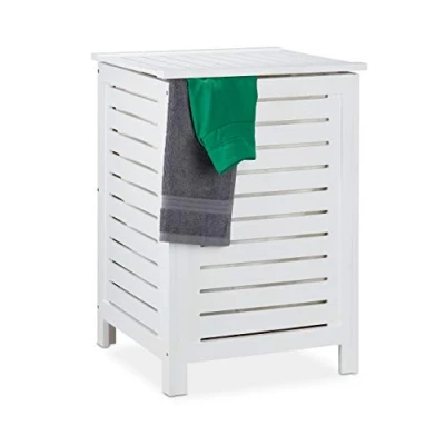 Imagen de Relaxdays Cesto Ropa Sucia Hecho de Madera Pino con Tapa, Saco Lavable 86 L, Cubo Colada 65,5 x 45 cm, Blanco, 1 Unidad