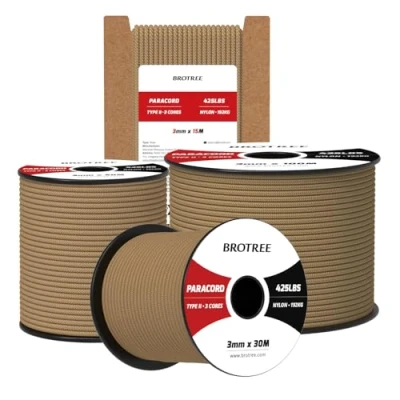 Imagen de Brotree Paracord 3mm 50M Cuerda 100% Nylon Tipo II 3 Hebras 425 para Exterior, Bricolaje 192 kg Carga de Rotura (Bronceado)