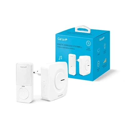 Imagen de Garza Timbre Inalámbrico Kinético para puerta, 1 pulsador + receptor, Gran alcance 200 m, 64 melodías, IP56, Con indicador LED, Modo silencioso, 4 intensidades de sonido, Función memoria, Blanco