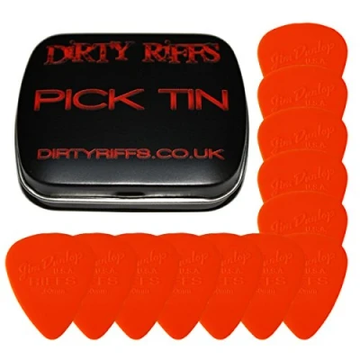Imagen de Dunlop Riffs Juego de 12 púas para guitarra (0,60 mm, en una práctica lata púa, color naranja
