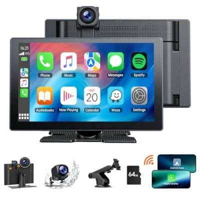 Imagen de Volam 9 Pulgadas Portátil A pple Carplay Inalambrico, Android Auto Radio de Coche con 4K+1080P Dash CAM Frontal y Trasera, Pantalla Bluetooth,Mirror Link,Navegación,Siri,G oogle,SD 64GB