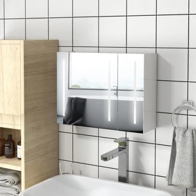 Imagen de kleankin Armario con Espejo de Baño Luz LED Mueble Pared Colgante 3 Puertas Estantes Ajustables Interruptor Táctil y USB 90x15x70 cm Blanco Brillante