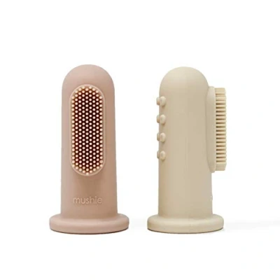 Imagen de Mushie Cepillo de Dientes Dedo para Bebés Set 2 Calma y Estimula las Encías, 0 Años Seguro Niños Pequeños, Niñas Clay/Shifting Sand