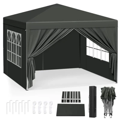 Imagen de WOLTU Pabellón de Jardín Cenador Plegable Pérgola Cuadrada con Diseño Pop Up Carpa Cubierta Tela Oxford Hecho Tubos Metales, 3x3 m, Altura Ajustable para Camping y Playa, Blanco,Gris