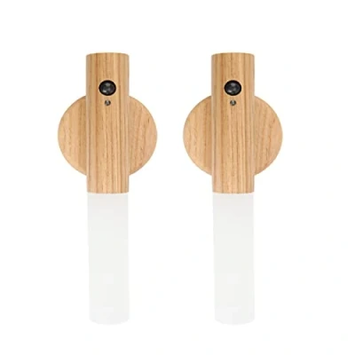 Imagen de 2 Piezas luz de pared Madera, Nocturna Interior con Sensor Movimiento, luces Magnéticas Recargables Interruptor para Dormitorio, Pasillo, Escalera (Madera Fresno)