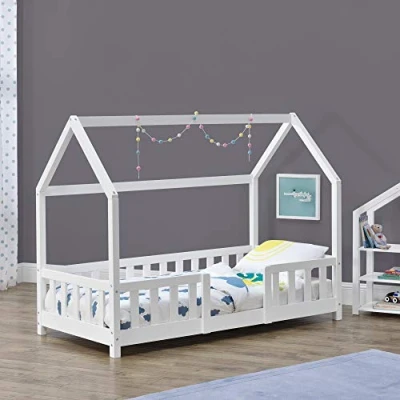 Imagen de Cama para niños de Madera Pino 80 x 160 cm Infantil con Reja Protectora Forma casa Casita Blanco Mate Lacado