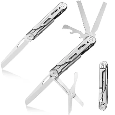 Imagen de HONZIN 8 en 1 Cuchillo Plegable de Acero Inoxidable Multiherramienta Bolsillo con Rompecristales, Cuchillos Plateados Supervivencia para Acampar