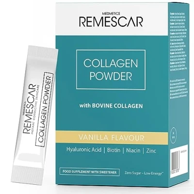 Imagen de Remescar Colágeno en Polvo 30 Sobres Bovino Hidrolizado con Ácido Hialurónico, Biotina, Vitamina C y Zinc Potenciador de para Mejorar tú Piel, Pelo Uñas Sabor a Vainilla
