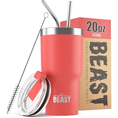 Imagen de BEAST Termo Café para Llevar 550ml I Coral Taza Térmica de Acero Inoxidable Reusable Viajera Doble Pared al Vacío 2 Pajitas y Cepillo Limpieza