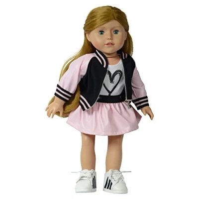 Imagen de The New York Doll Collection Bombardeo Chaqueta Set (Rosa) para Moda Niña Muñecas Incluye con Cremallera, Camiseta y Falda Encaja 18 Pulgadas / 46 cm Muñeca Ropa Accesorios