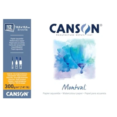 Imagen de Canson Montval, Papel de acuarela, Prensado en frío, 300g, Block pegado a 4 lados, 24x32cm, Blanco, 12 Hojas