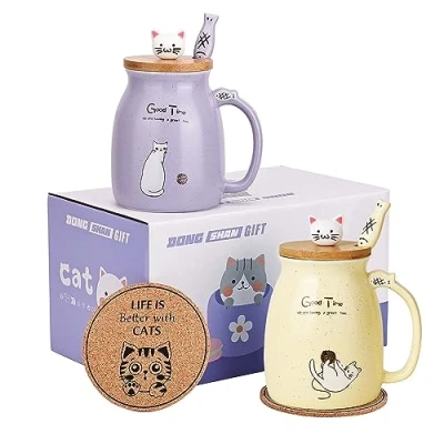 Imagen de DONGSHANGIFT Juego de 2 Tazas Gato Taza Té Cerámica con Tapa y Cuchara Kawaii para Mujer 500ml Navidad Cumpleaños Regalo (Morado Amarillo)