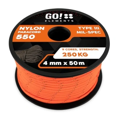 Imagen de GO!elements 50m Paracord de Nylon a Prueba desgarros 4mm 550 Typo III Cuerda Adecuado como Yute &amp; Gruesa MAX. 250kg, Color: Naranja Reflectante