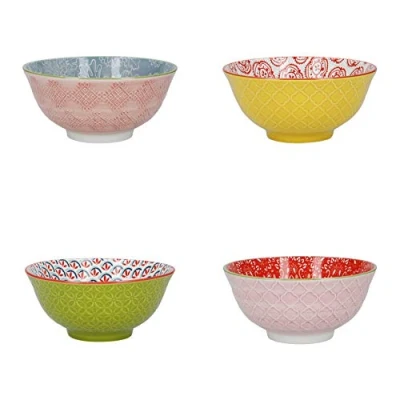 Imagen de KitchenCraft Juego de 4 Cuencos para Cereales con Estampado en Caja Regalo, Cerámica Servir, Ideales Helados, Sopas y Más, Diseños &#039;Brights&#039;, 15cm