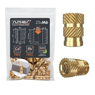 Imagen de ruthex Inserto roscado M6 25 casquillos roscados de latón RX M6x12.7 tuerca inserción para piezas plástico tuercas moleteadas embutir en impresora 3D por calor