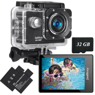Imagen de Jadfezy Cámara Deportiva HD 1080P con 32 GB Tarjeta de Memoria, subacuática 30M 140 Grados Gran Angular, acción 2 baterías Recargables 900mAh y Kit Accesorios