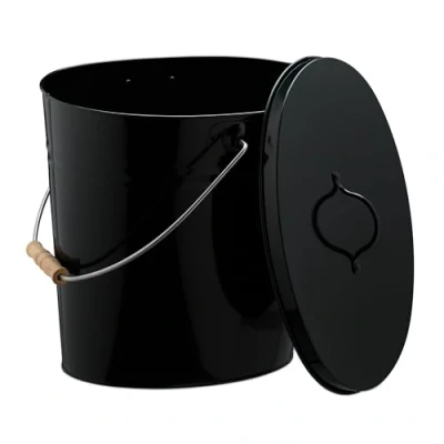 Imagen de Relaxdays Cubo para Cenizas con Tapa, 12 L, Accesorio Chimenea, Estufa, Asa Madera, Almacenar Carbón, Acero, Negro