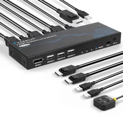 Imagen de TCNEWCL Displayport KVM Switch 4 Puertos, 4K 60Hz Conmutador DP USB para PC Share 1 Monitor Teclado Ratón, con Cable y