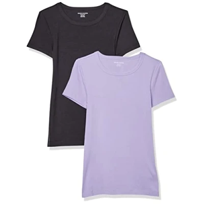 Imagen de Amazon Essentials Camiseta de Cuello a la Caja Manga Corta y Ajuste Entallado Mujer, Pack 2, Negro/Lavanda, XS