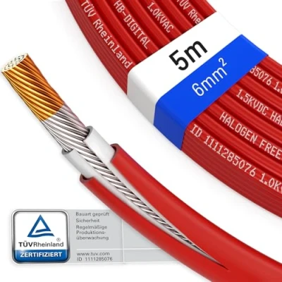 Imagen de hb digital 5m Cable solar 6 mm2 H1Z2Z2 K Probado por TÜV Rheinland Resistente a los rayos UV Flexible Cobre puro 1500 V de extensión fotovoltaico para panel placa
