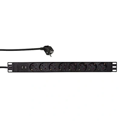 Imagen de LogiLink PDU Professional Caja de 8 enchufes CEE7/3 (19&quot;, protección contra sobretensión, Contacto, Carcasa Aluminio), Color Negro