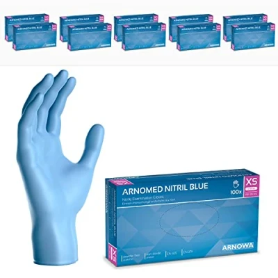 Imagen de ARNOMED guantes nitrilo talla XS, de nitrilo, azul, 10 cajas (1000 uds), desechables para mecanico, sin polvo en tallas S, M, L, XL y XXL