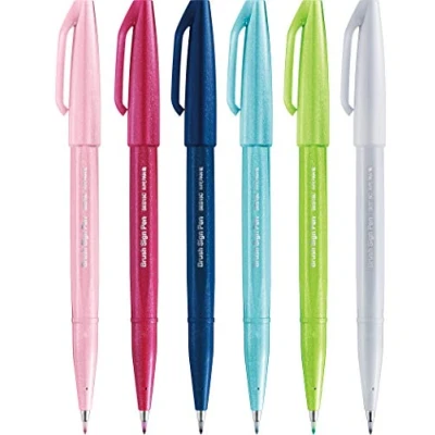 Imagen de Pentel SES15C Brush Sign Pen Marcador de punta fibra flexible, paquete 6 colores