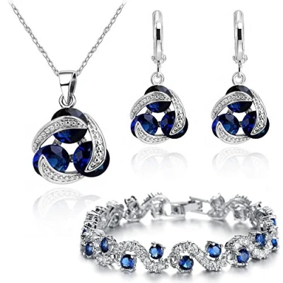Imagen de Crystalline Azuria Mujer 18ct Chapado en Oro Blanco Zafiro simulado Azul Redondo Cristales de Zirconia Juego joyas Collar con Colgante 45 cm Pendientes Pulsera