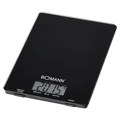 Imagen de BOMANN KWatts1515CBGlas schWattsarz Báscula de cocina Superficie cristal Pantalla LCD Apagado automático Funciona con pilas Negro
