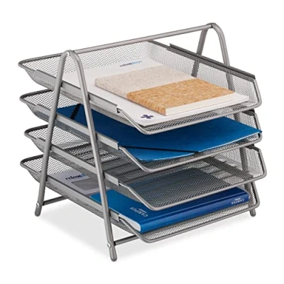 Imagen de Relaxdays Portadocumentos Bandeja Documentos 4 Compartimentos, Organizador Folios A4, Diseño Malla, Oficina, Plateado, Acero, 32,5 x 30 35 cm Aprox
