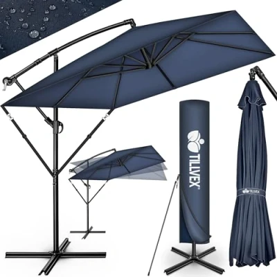 Imagen de tillvex® Sombrilla de Jardín Rectangular Ø 330 cm con Manivela + Funda soporte &amp; Protección Viento Parasol mercado impermeable UV (Gris sin LED)