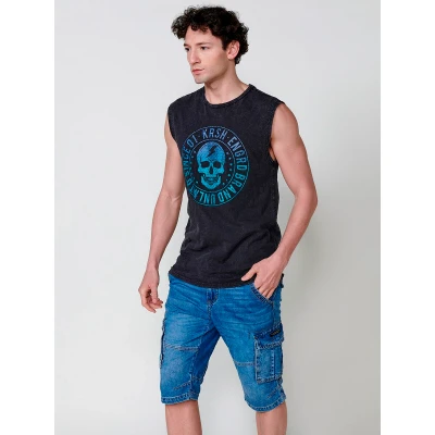 Imagen de Camiseta Sin Mangas de Algodón. Cuello Redondo. Estampado Calavera Delantero. Color Negro para Hombre