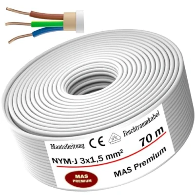 Imagen de Cable de alimentación eléctrico revestido para ambientes húmedos, 5, 10, 15, 20, 25, 30, 35, 40, 50, 60, 70, 75, 80, 90 o 100 m, NYM J, 3 hilos 1,5 mm², instalación fija (70 m)